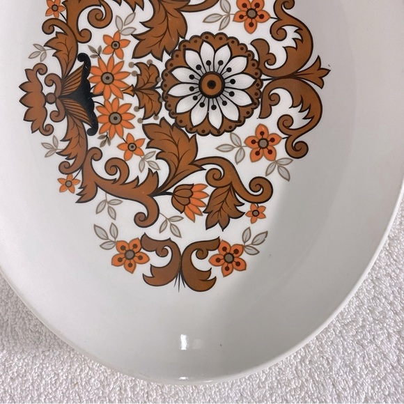 Vintage Cassandra Hostess Tableware MCM Brown Orange Floral Print Oval Platter - Picture 8 of 14